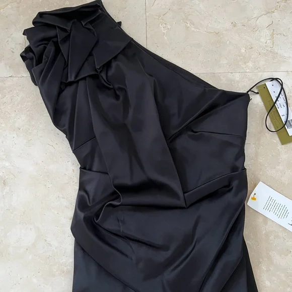 Nicole Miller One Shoulder Elegant Black Sheath Midi Cocktail Evening Dress NWT - Picture 12 of 13